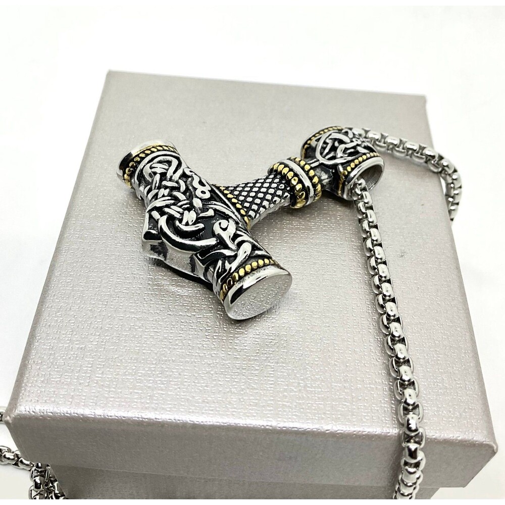 Oxidized Stainless Steel Hammer Pendant Necklace with ION Plated YG - (L 23.5”)